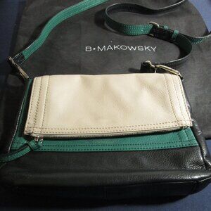 B Makowsky Leather Shoulder Bag - Black/Tan/Green, with dust bag